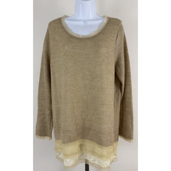 EASEL Beige Gauzy Knit Overlay Sweater Scoop Neck Raw Hem Pullover Sz L - Picture 1 of 7